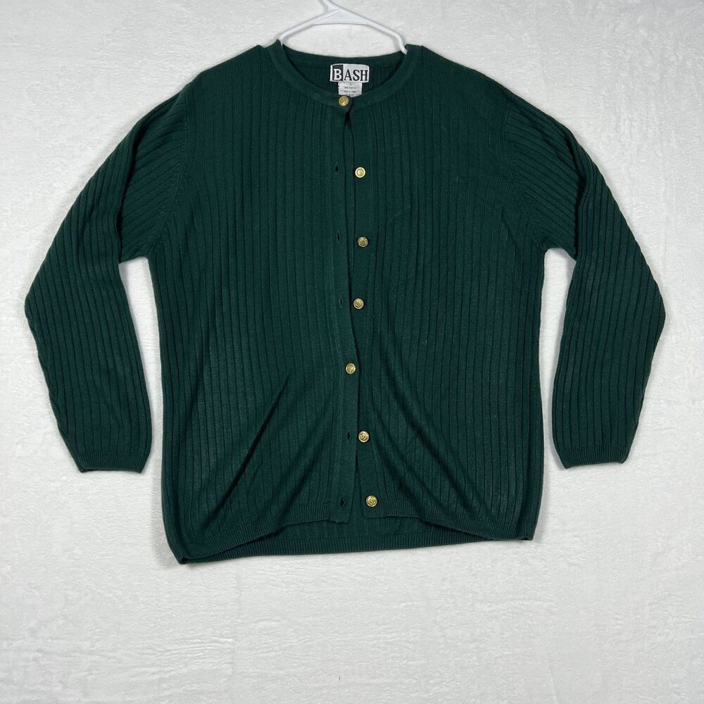 BASH Women's Ribbed Knit Cardigan Sweater Size XL Green Gold Button Acrylic